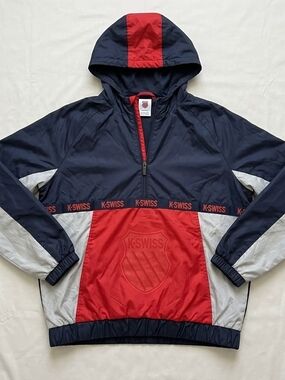 K-Swiss Retro Colorblock 1/4 Zip Hooded Windbreaker Pullover Jacket Navy Red M